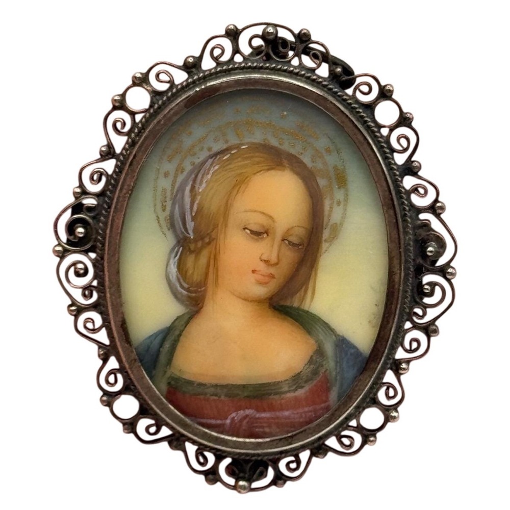 Vintage 800 Silver Painted Miniature Portrait Virgin Mary Madonna Brooch Pendant